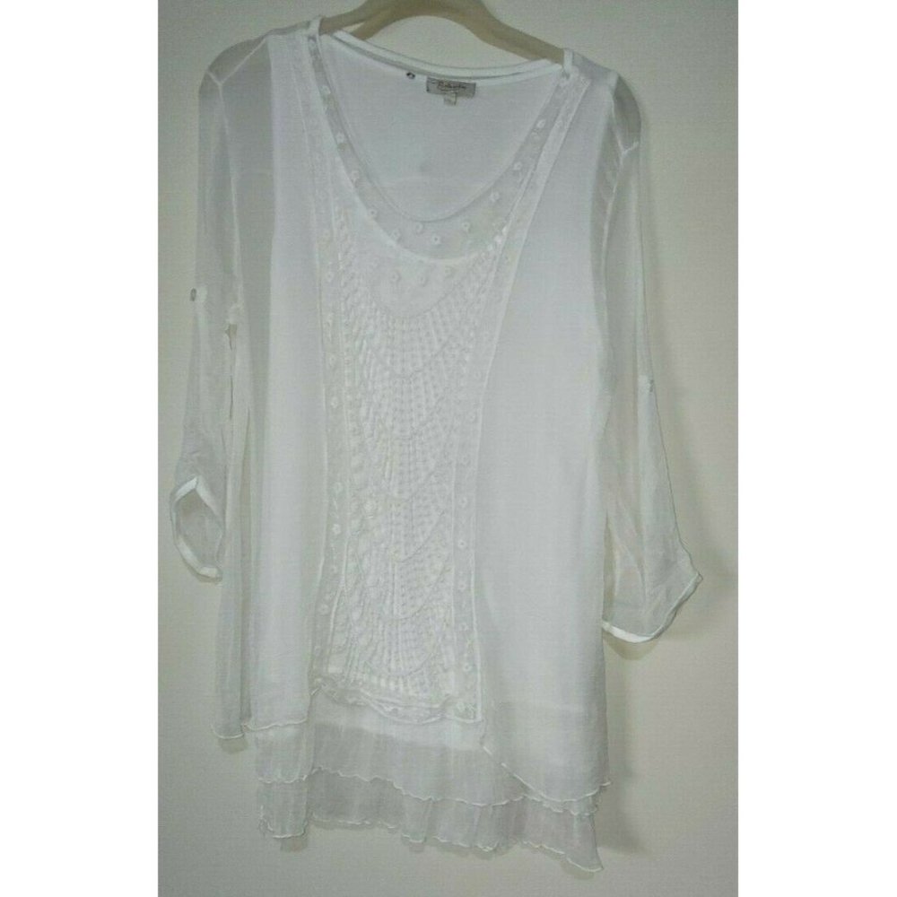 Bellambra White Silk Crocheted Blouse Sheer Layered Bell Sleeves Size large